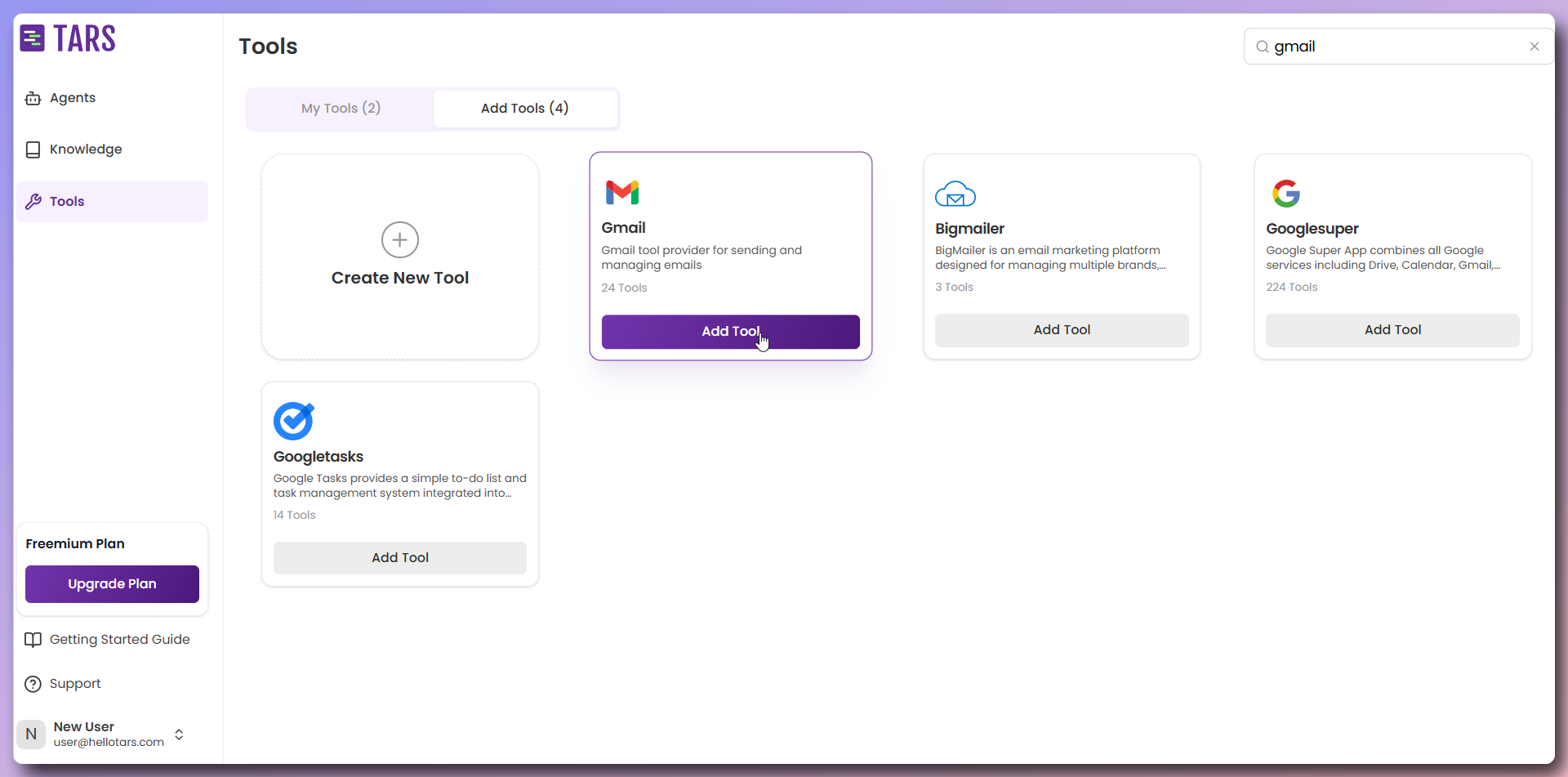 Tools dashboard showing available integrations