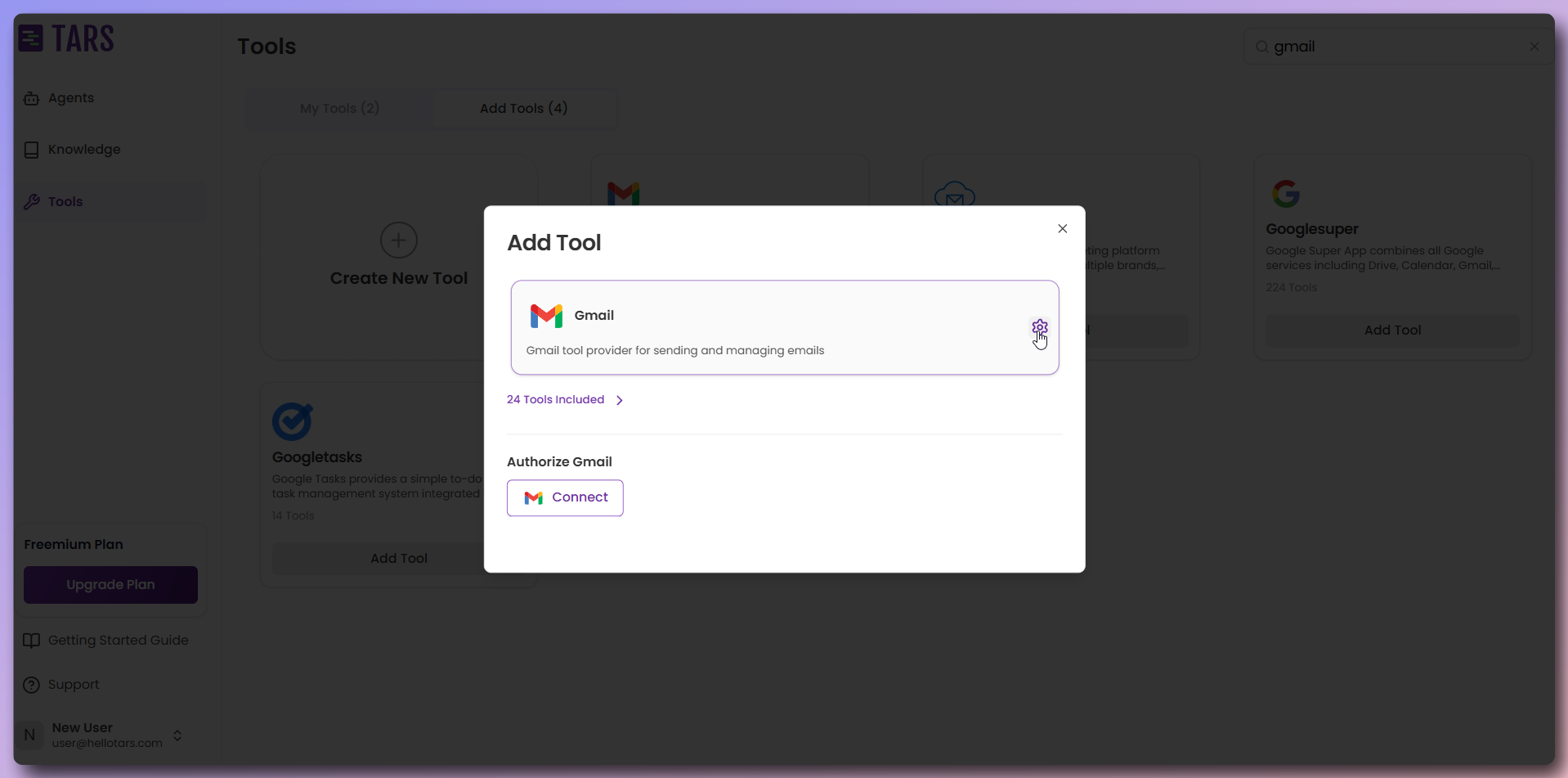 Add Tool modal with configuration options