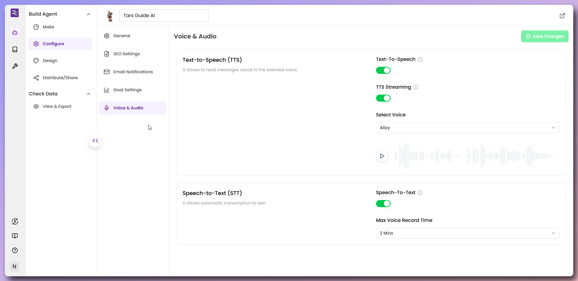 Voice and audio settings configuration