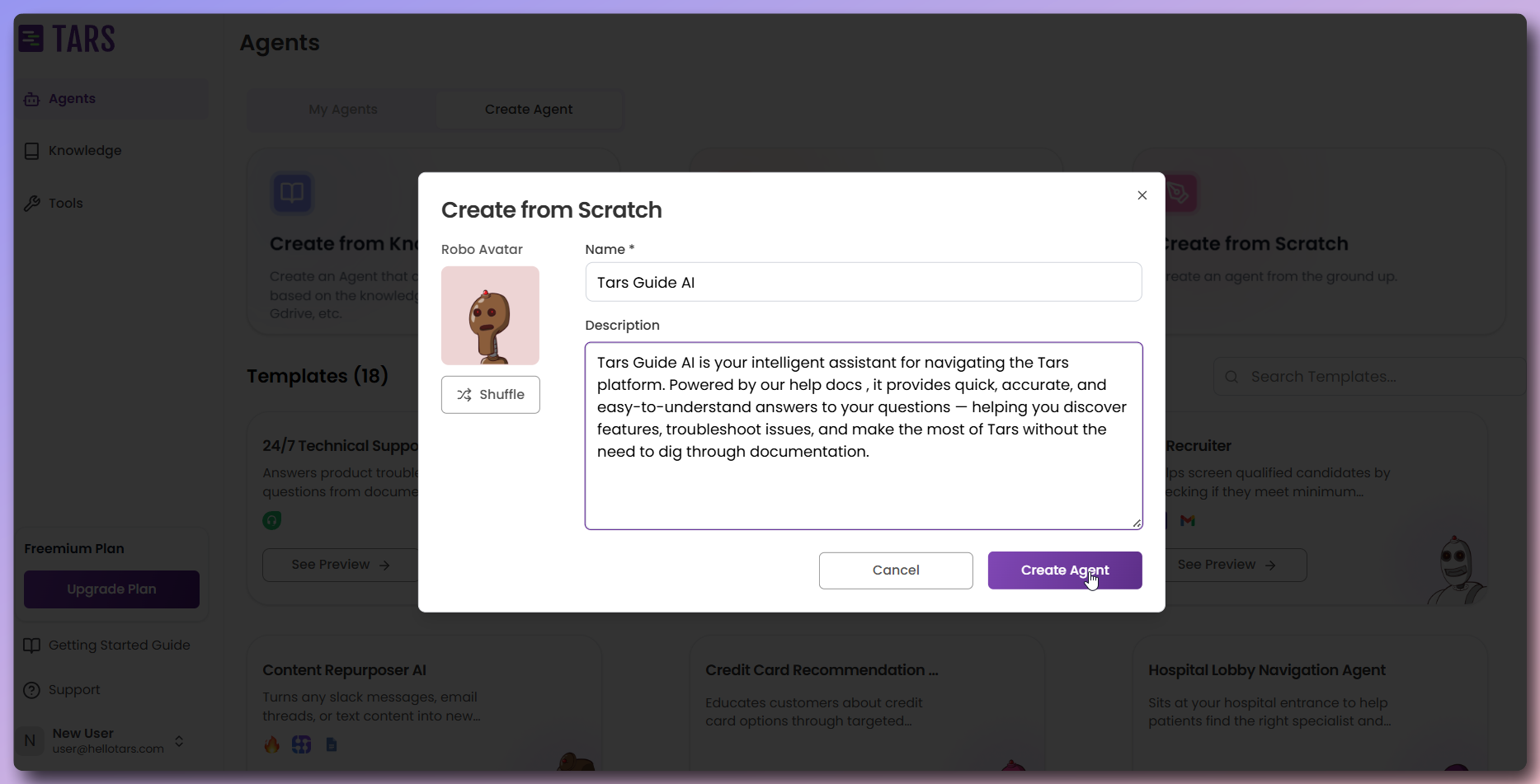 Create agent modal with name and description fields
