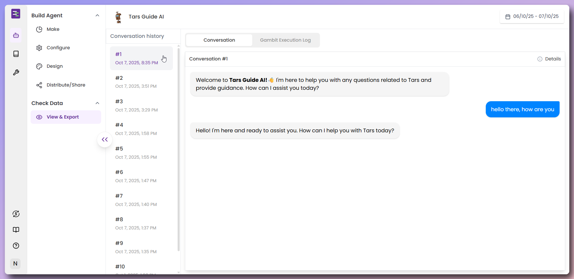 Conversation history overview with detailed interaction logs