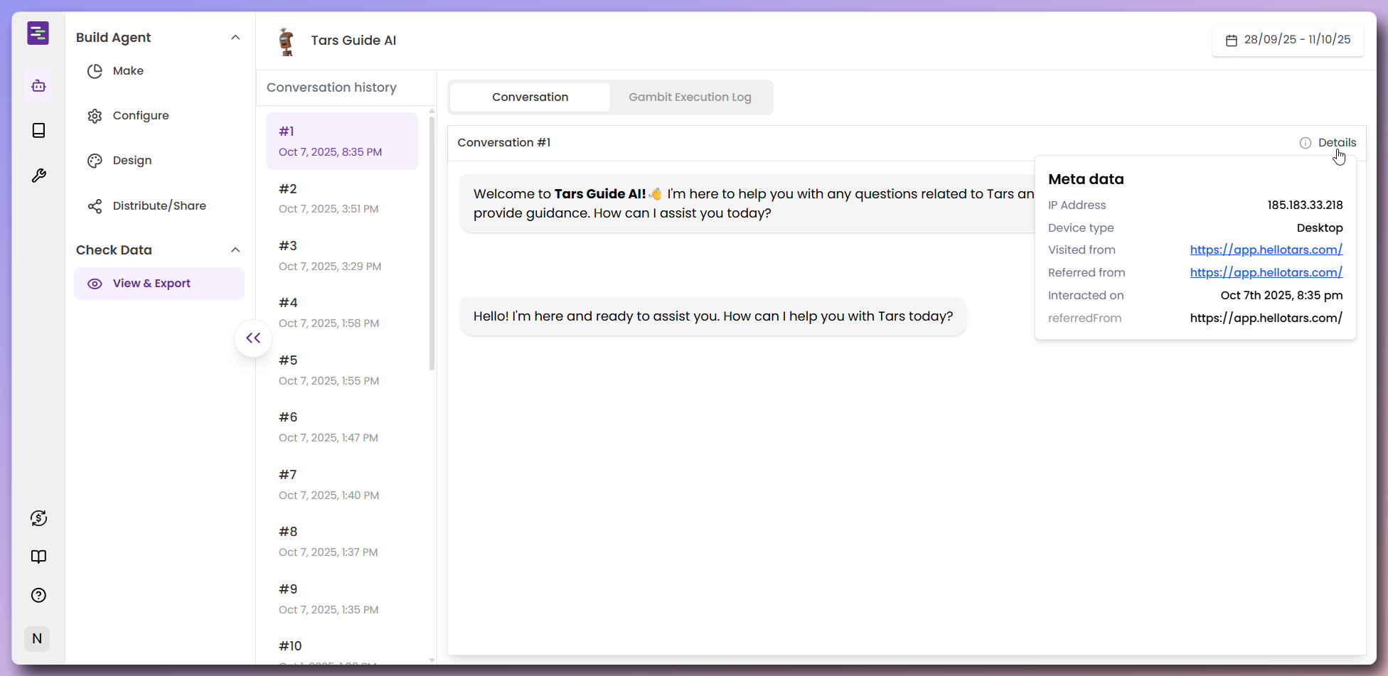 Detailed conversation metadata showing user information and analytics