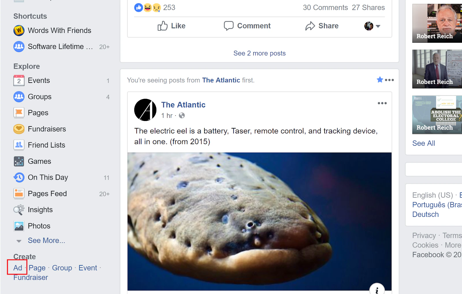 Facebook sidebar showing the Ad link at the bottom left