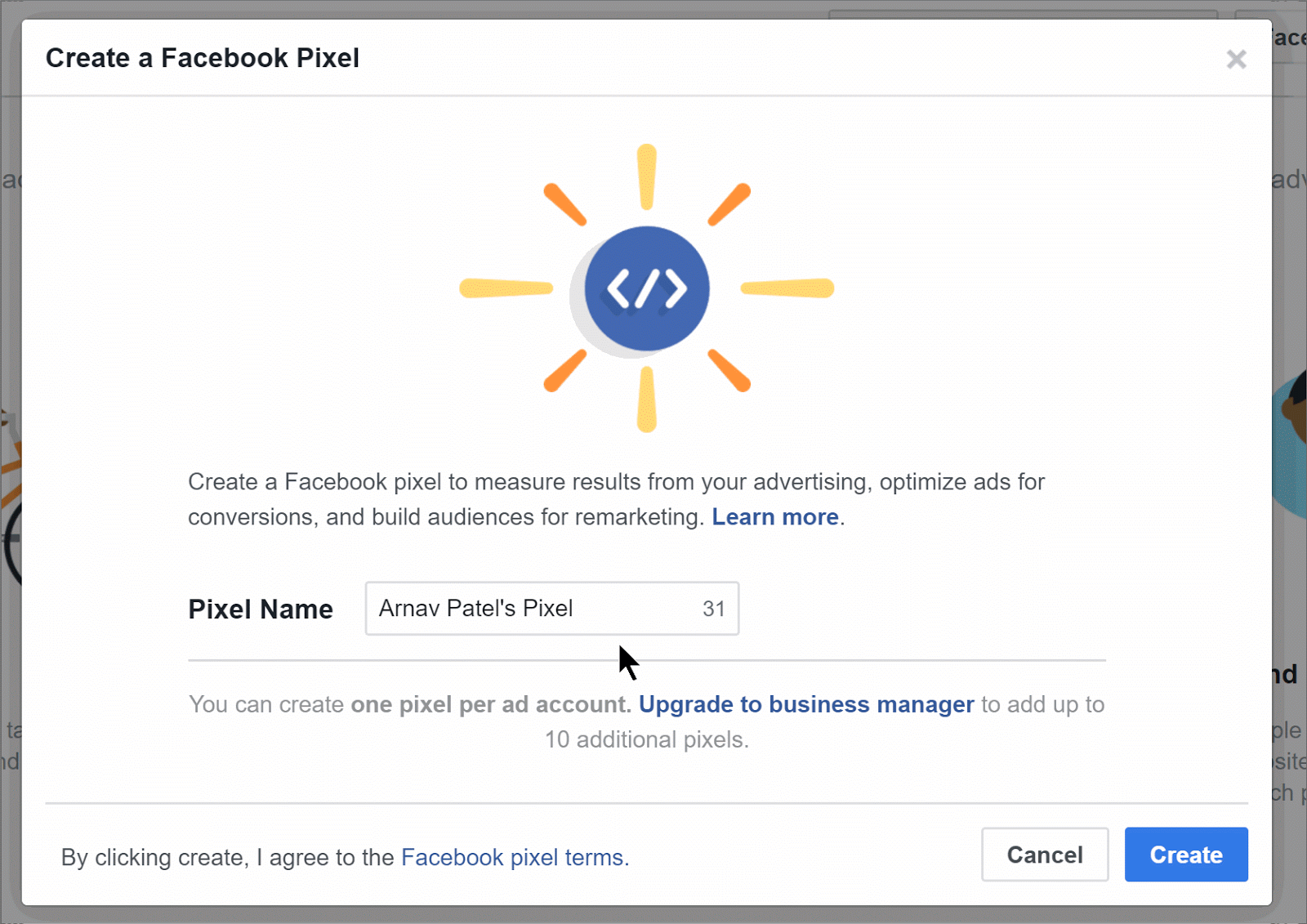 Renaming the pixel and clicking Create in the popup