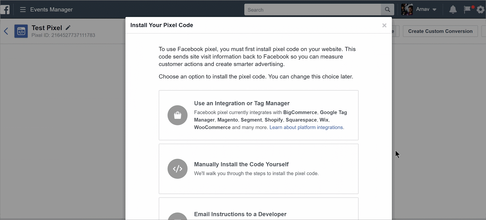 Copying the Pixel ID from the top right of the Pixels page