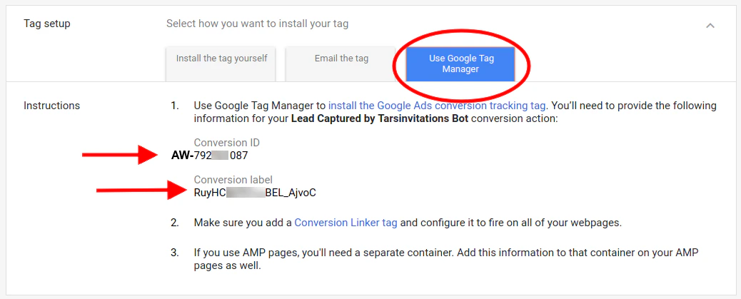 Google Ads Dashboard showing the Conversion Tracking setup with Conversion ID and Conversion Label