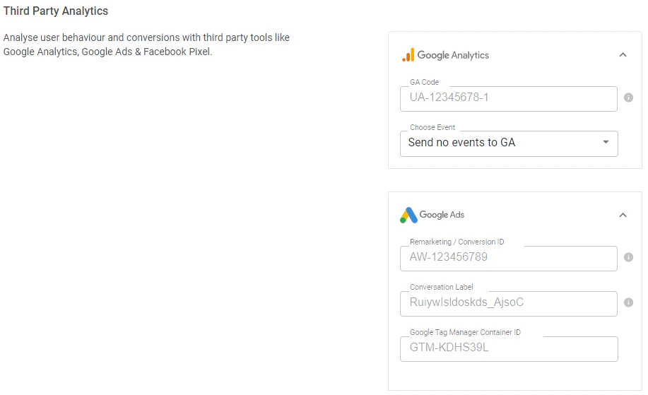 Tars Configure section showing the Google Ads Conversion ID and Conversion Label fields