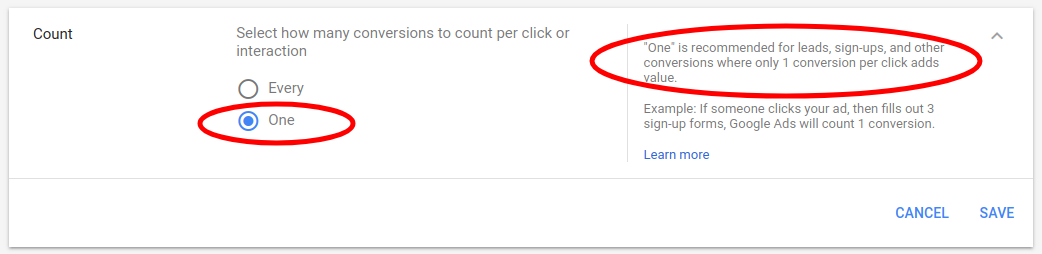 Google Ads Conversion Action settings showing the Conversion Count option set to One