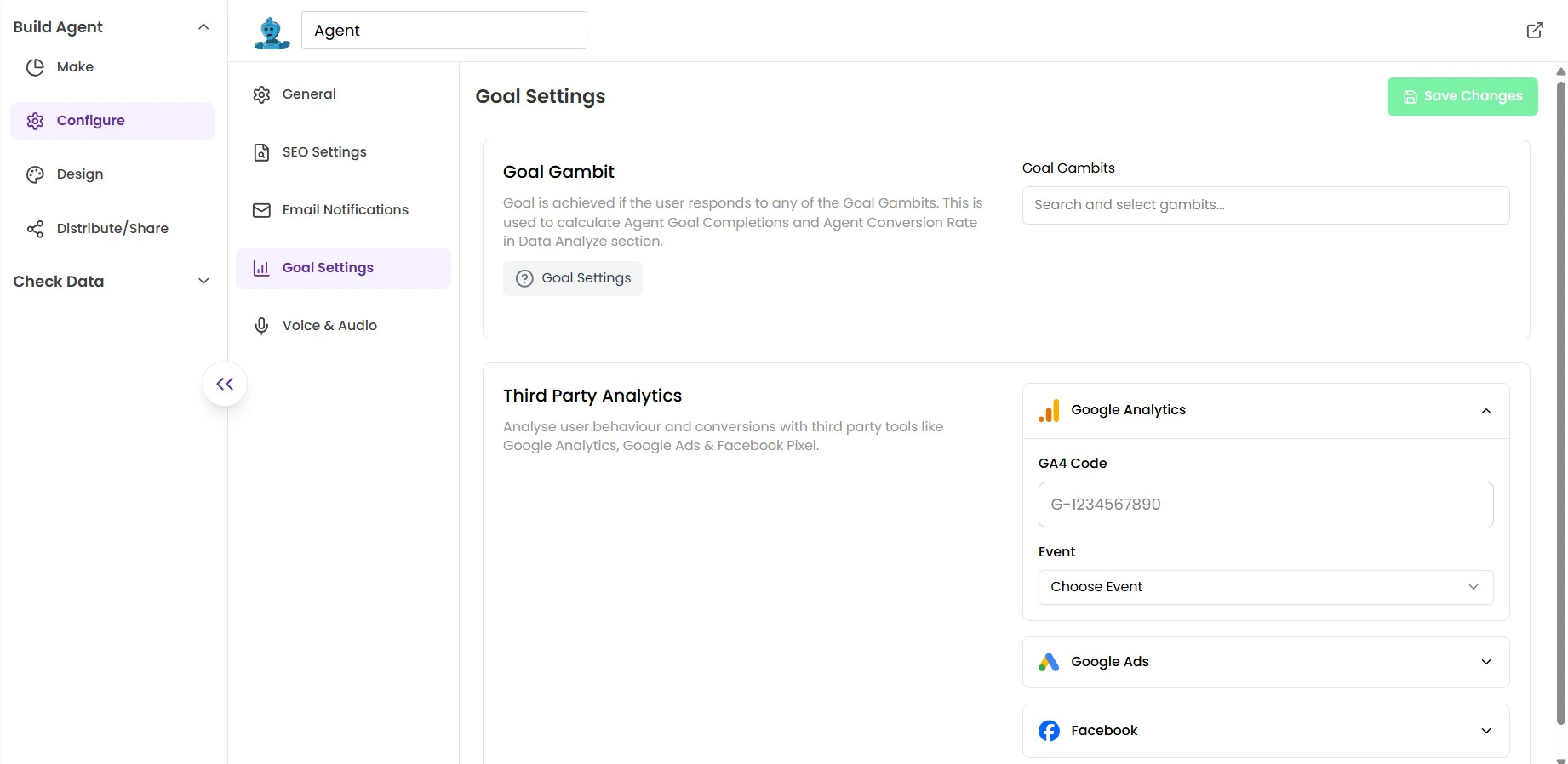 Google Analytics section expanded showing the GA4 Code input field and Event dropdown