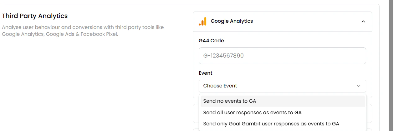 Event dropdown showing the three tracking options: no events, all responses, and goal gambit responses only