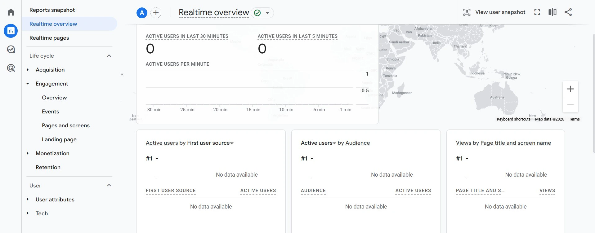 Google Analytics Realtime Overview showing a live user on the chatbot