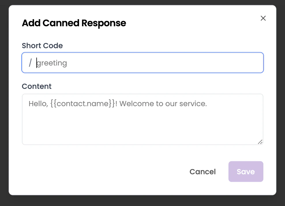 Add Response form with shortcut keyword and message text fields
