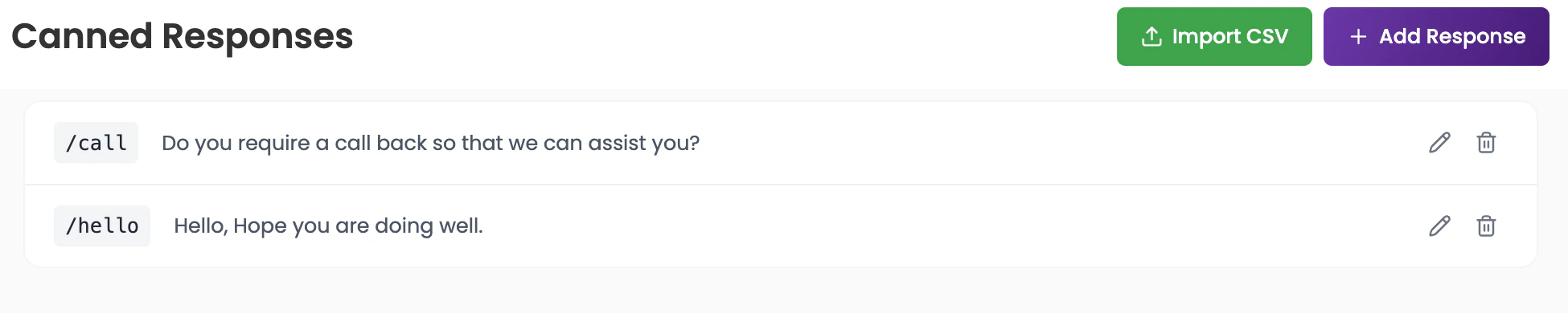 Canned Responses list showing shortcut keywords and their full message text