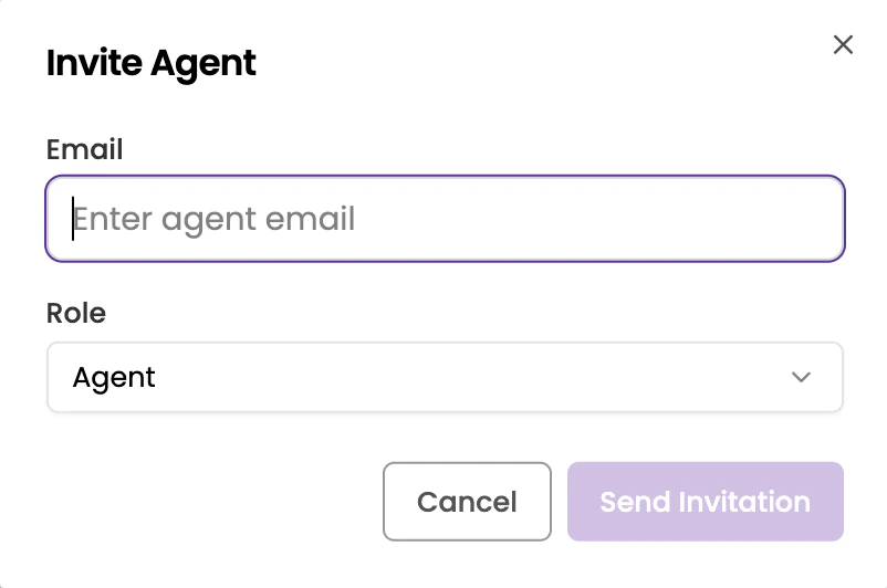 Invite Agent dialog with email field and role selection dropdown