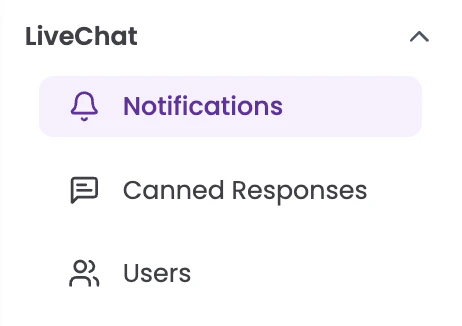 LiveChat Settings page showing the three sub-sections: Notifications, Canned Responses, and Users