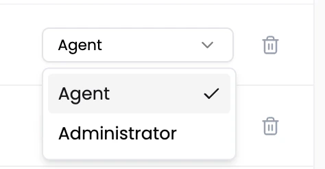 Active Users list showing the role dropdown with Agent and Administrator options