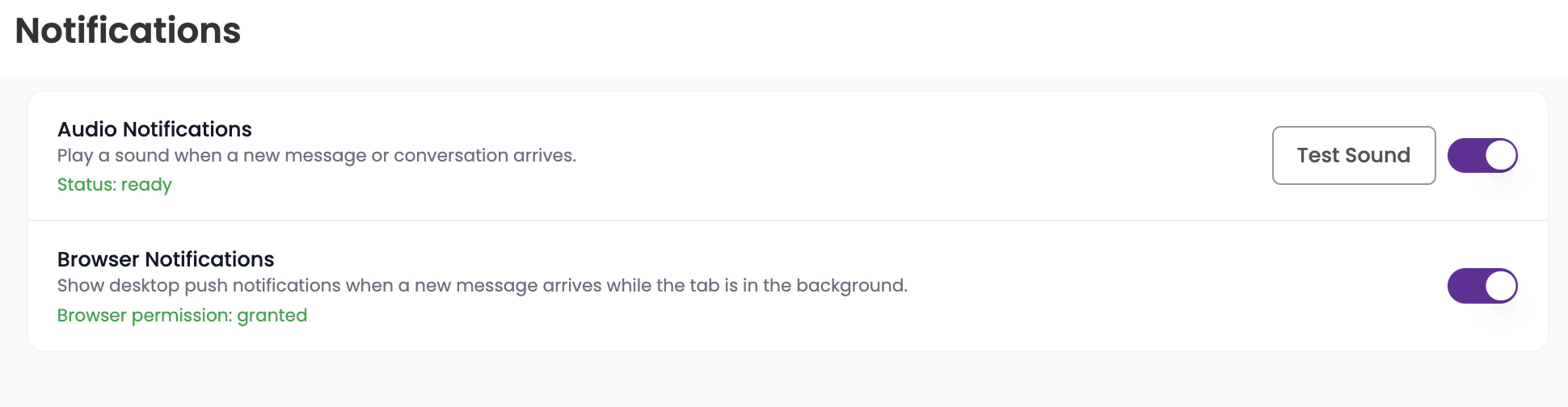 Notifications settings showing Audio Notifications toggle and Browser Notifications toggle
