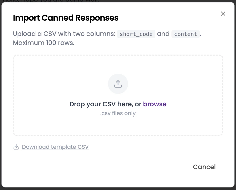 Live chat showing a canned response suggestion appearing after typing a shortcut keyword