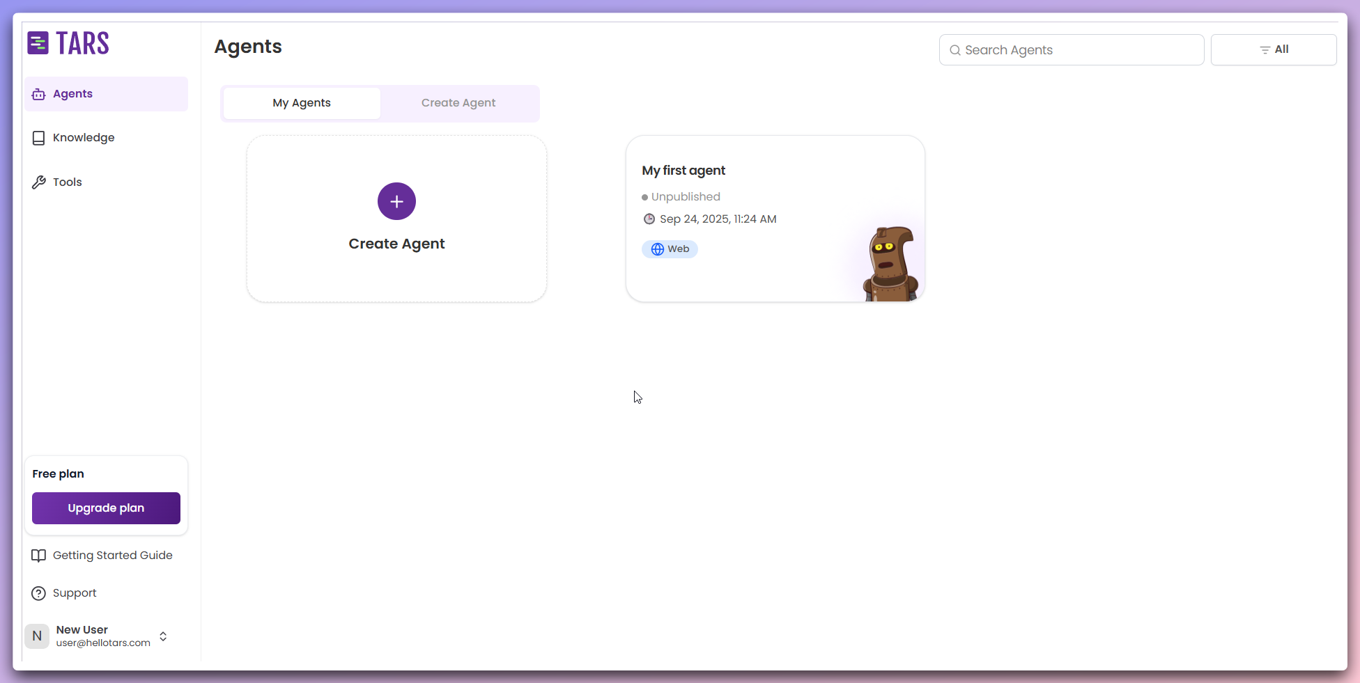 My Agents list showing all created agents with status and action buttons