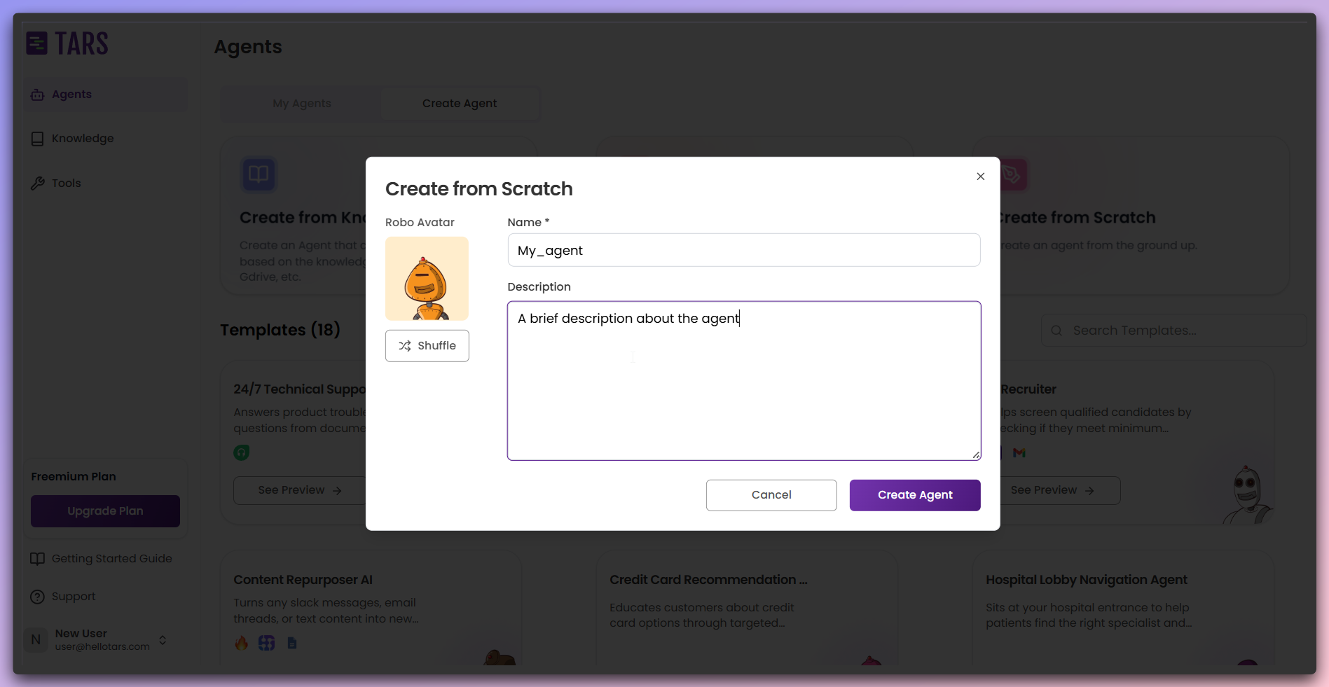 Agent configuration modal with name, description, and icon options