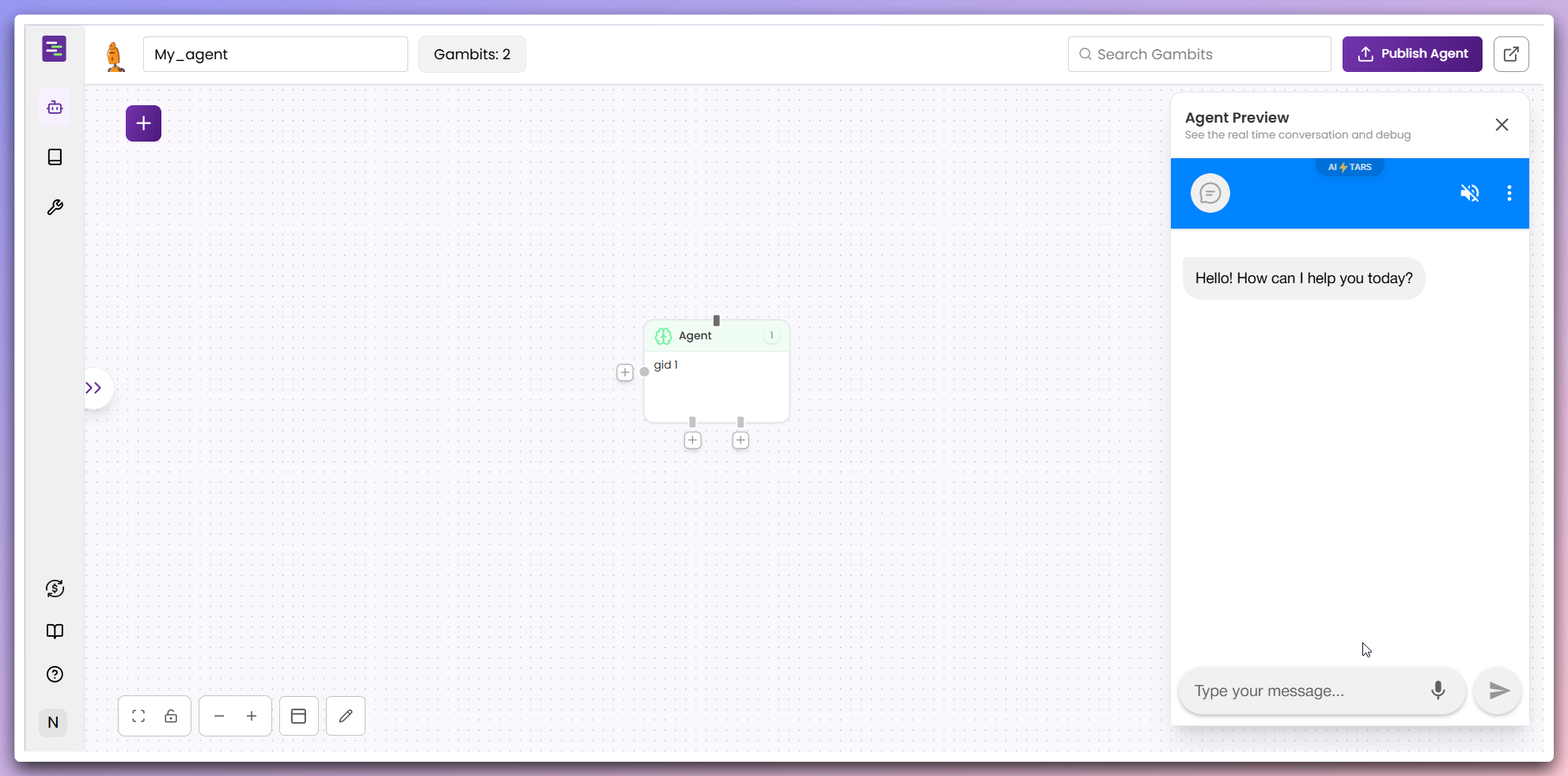 Chatbot preview window opened on the right side of the builder
