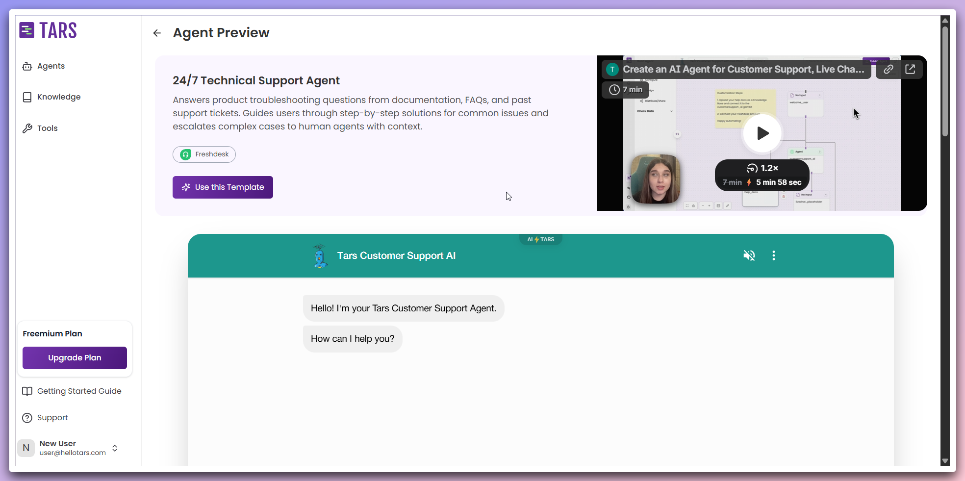Template information section showing name, description, and tools used