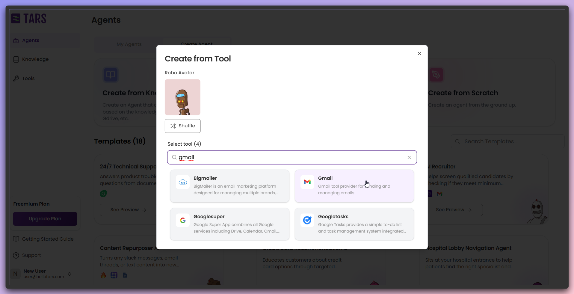 Tool selection modal showing available tools and Agent icon options
