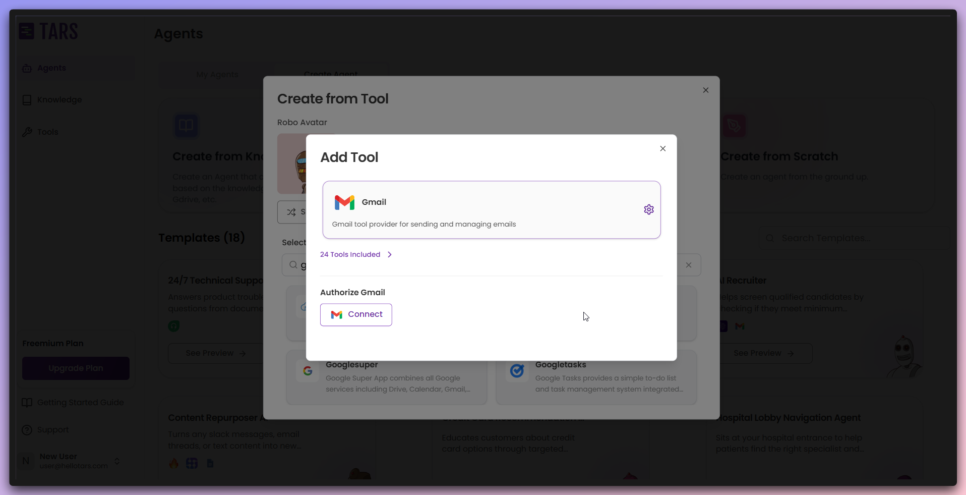 Tool authentication modal showing different authentication methods