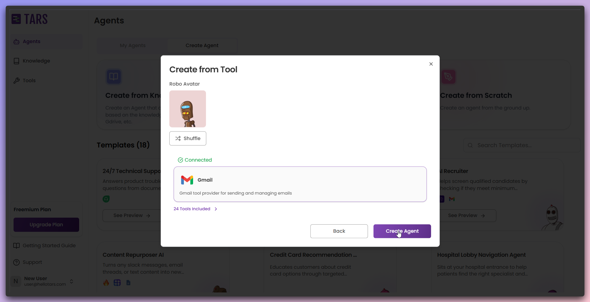 Tool connected modal showing successful connection and Create Agent button enabled