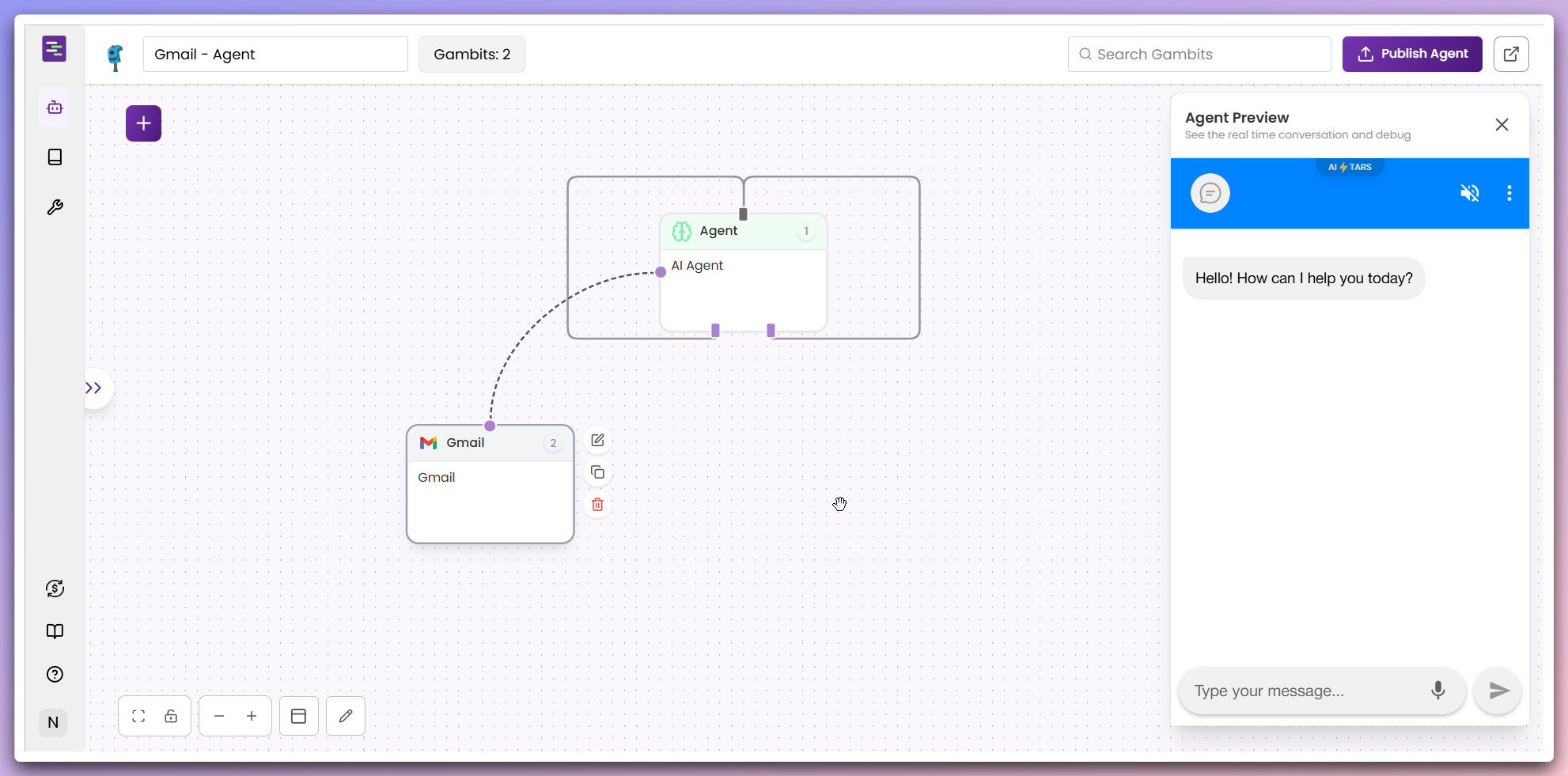 Completed Agent creation showing tool-connected Agent in canvas ready for interaction