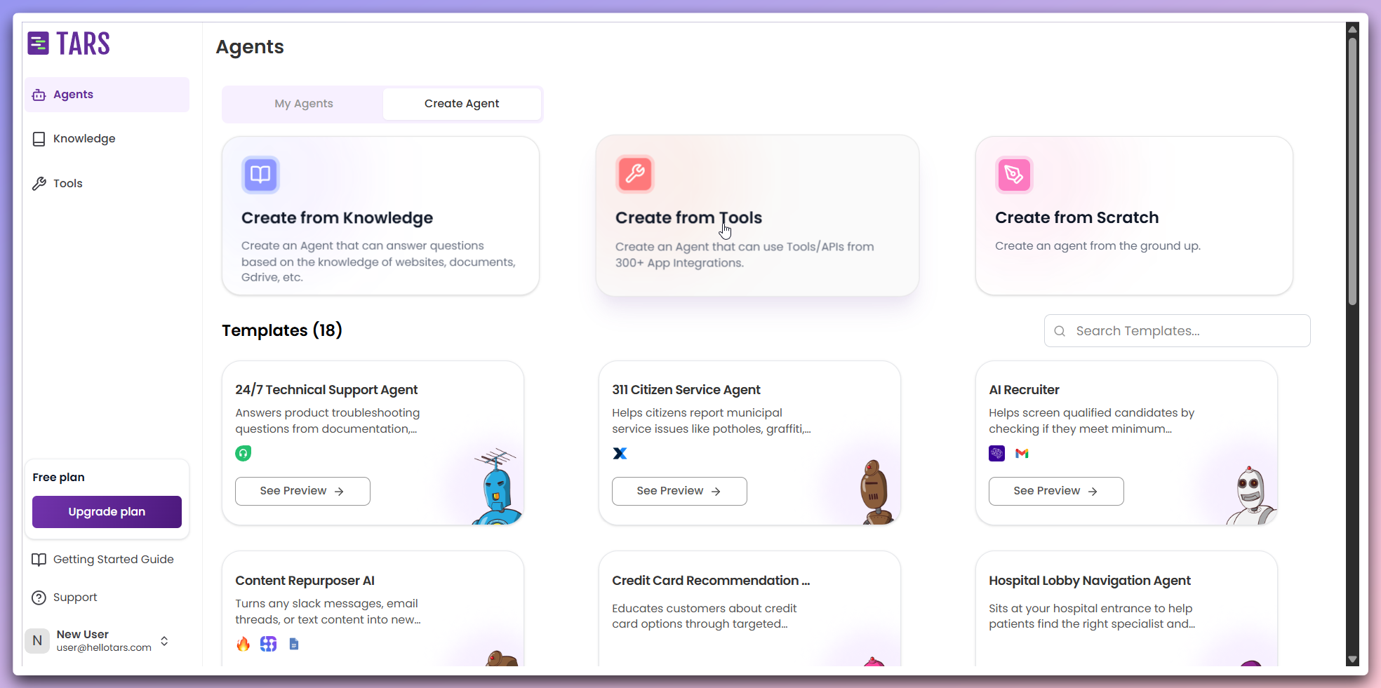 Create Agent page showing Create from Tool card selection