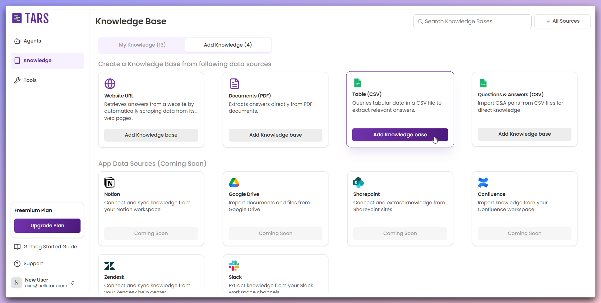 Knowledge Base page showing Table CSV card option