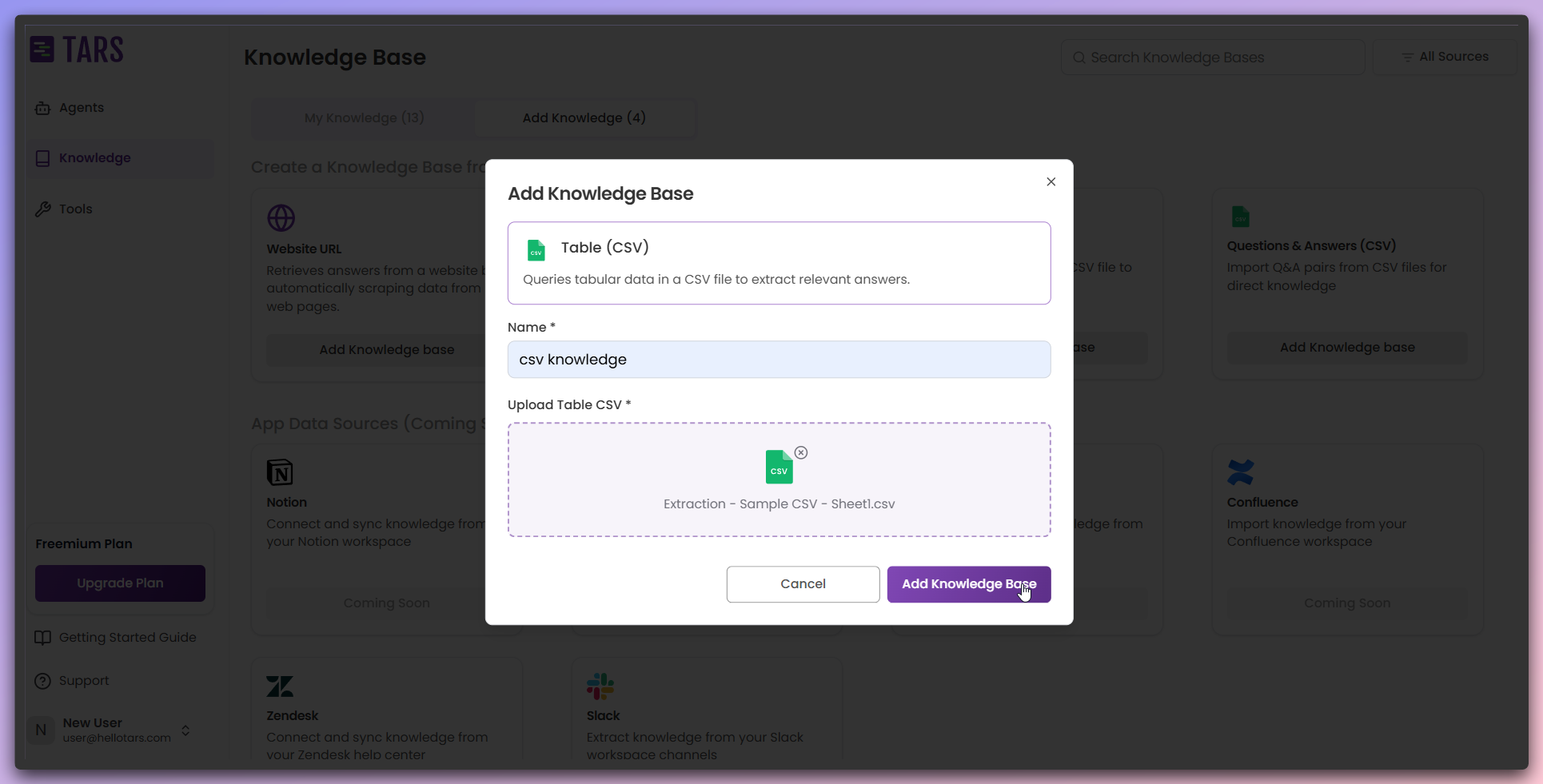 Add Knowledge Base modal with CSV configuration