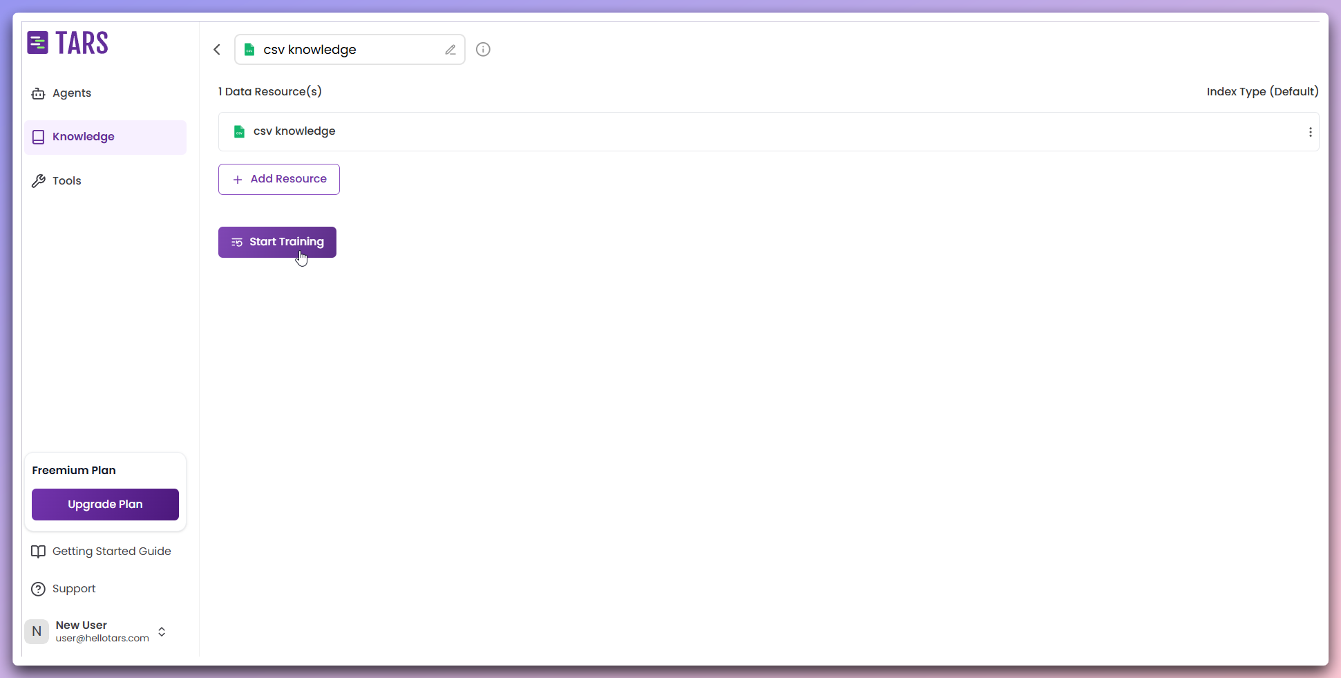 Knowledge base configuration page with training options