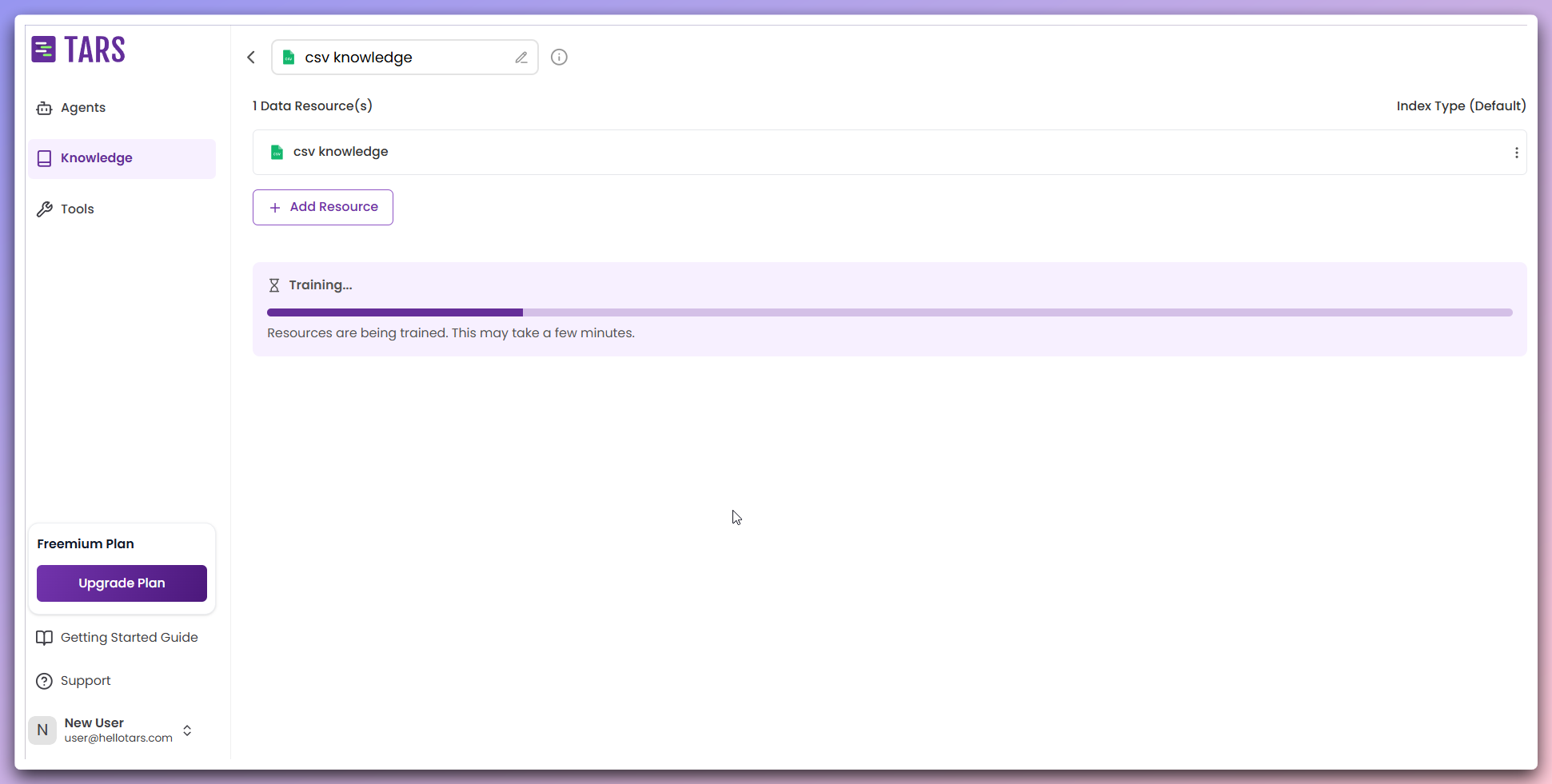 Training progress with percentage and status