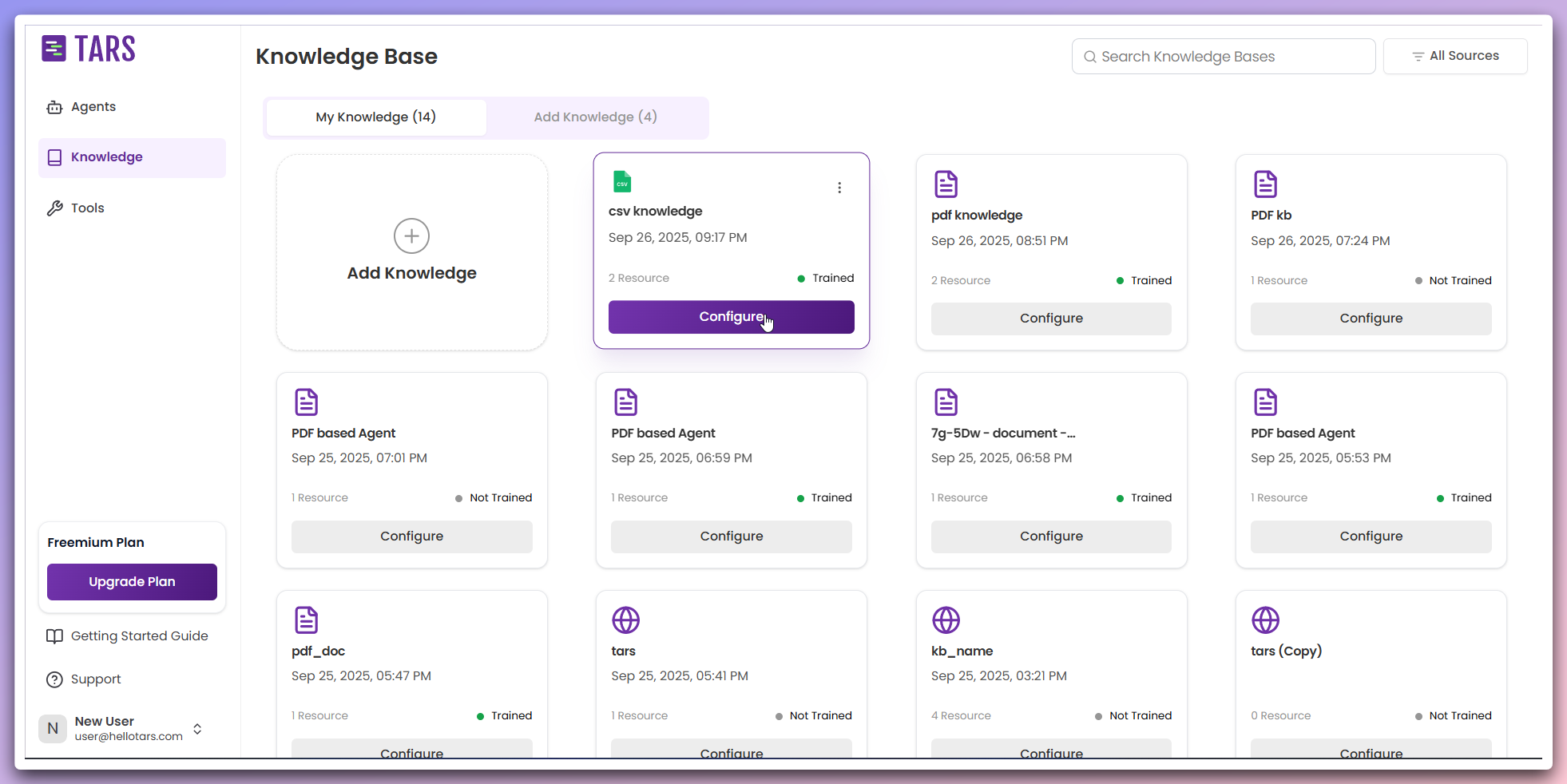 Knowledge base visible in dashboard with configure option