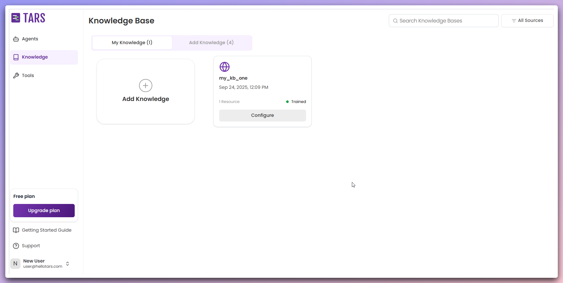 My Knowledge Bases dashboard showing Knowledge Base cards with management options