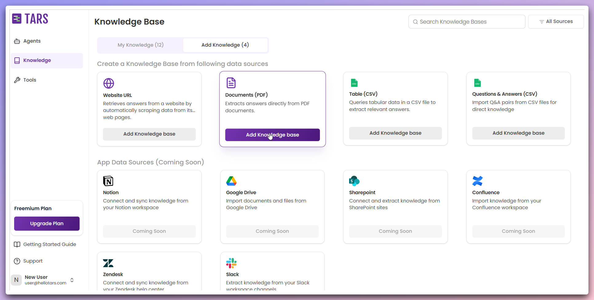 Knowledge Base page showing PDF card option