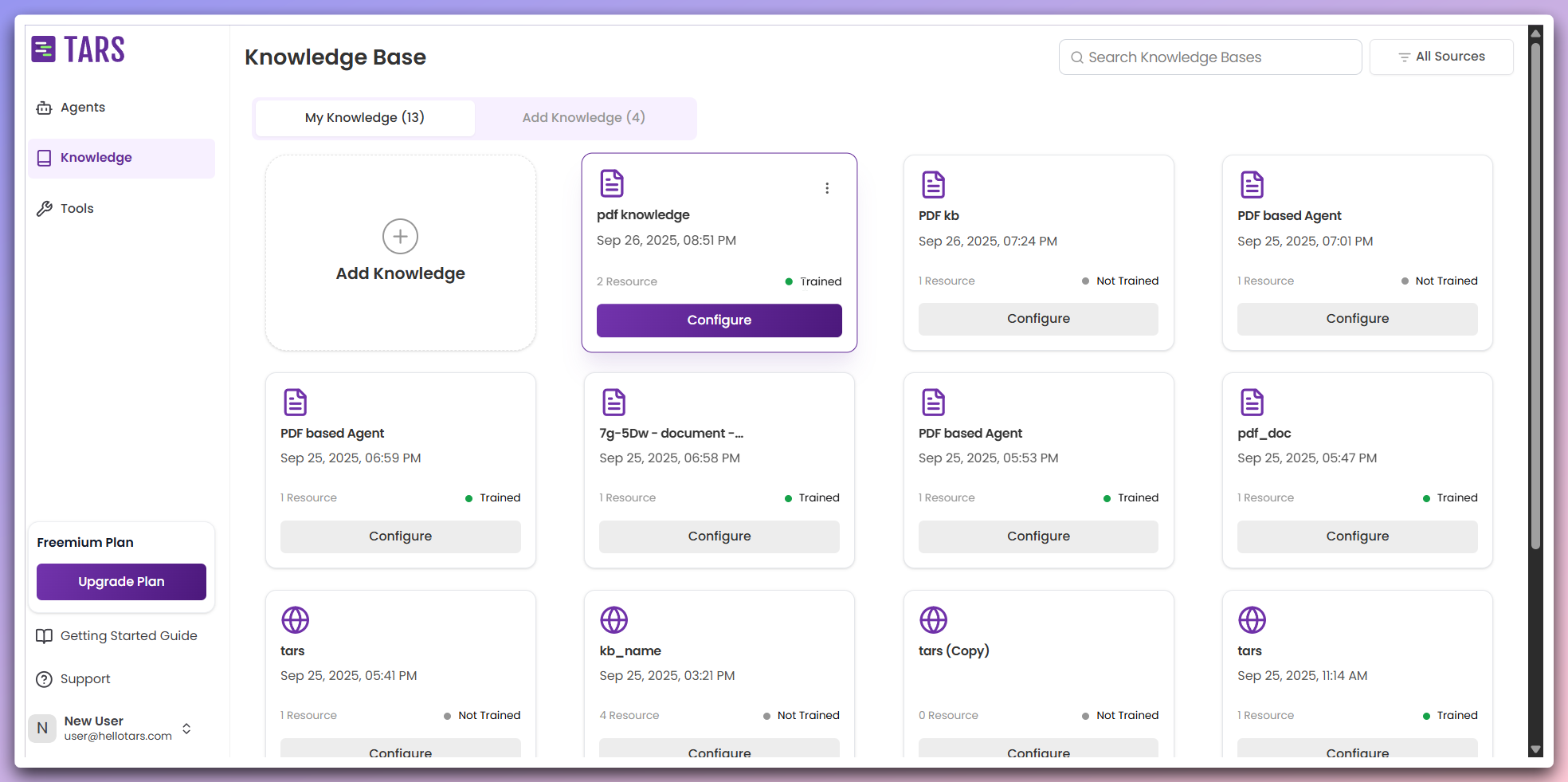 Knowledge base visible in dashboard with configure option
