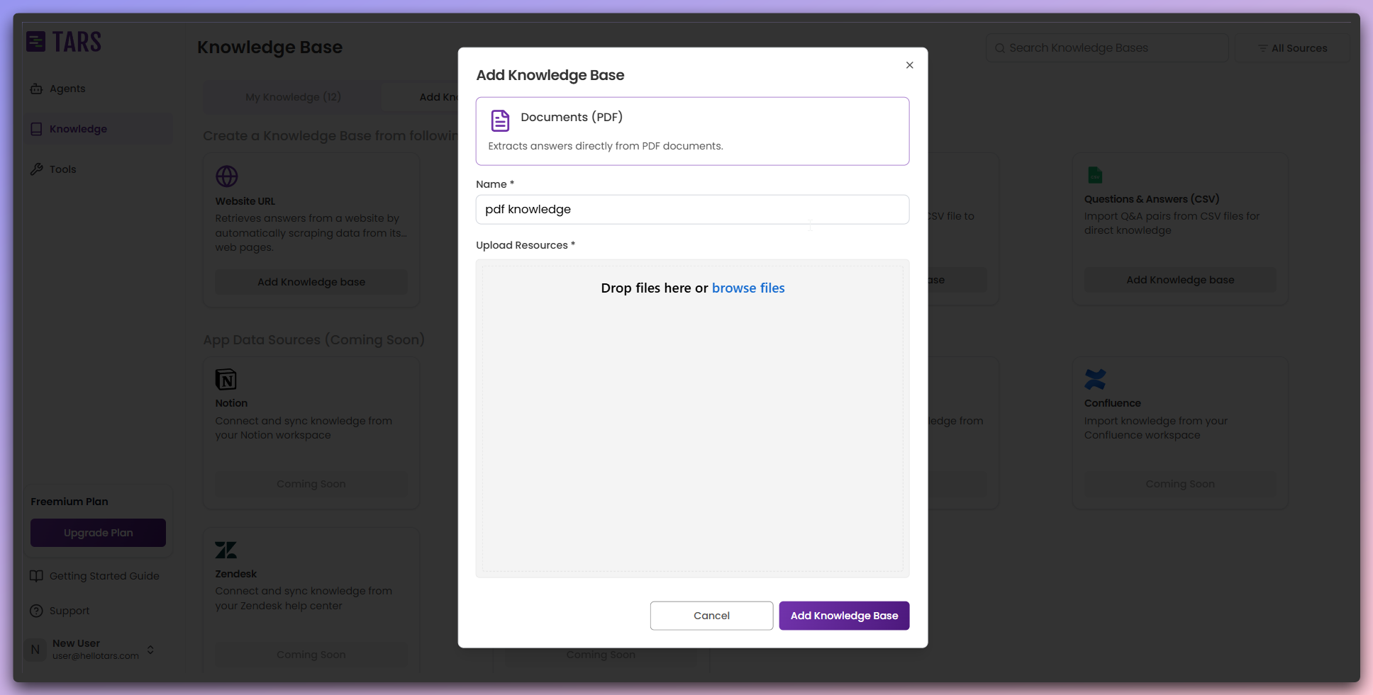 Add Knowledge Base modal with PDF configuration