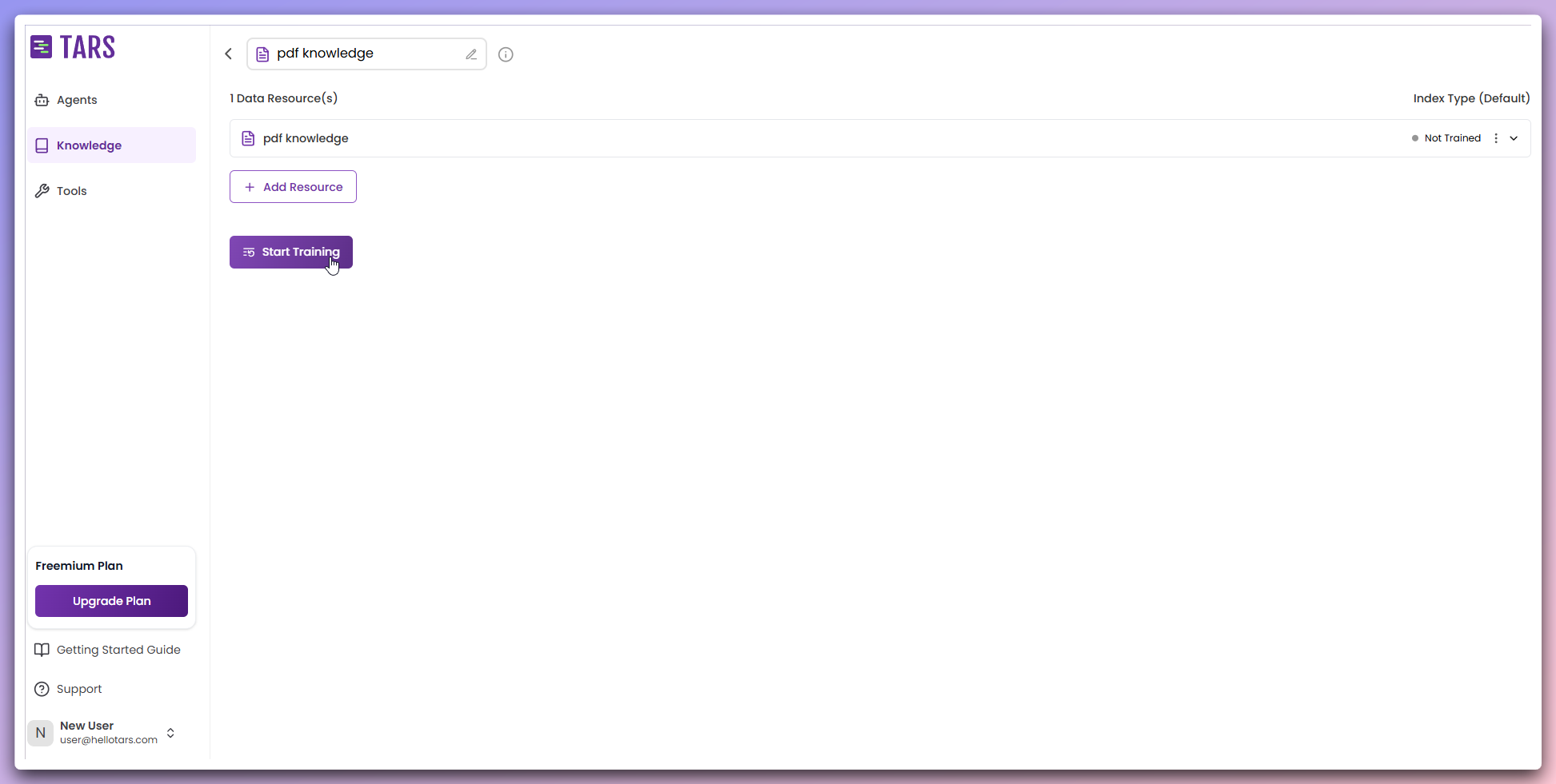 Knowledge base configuration page with training options
