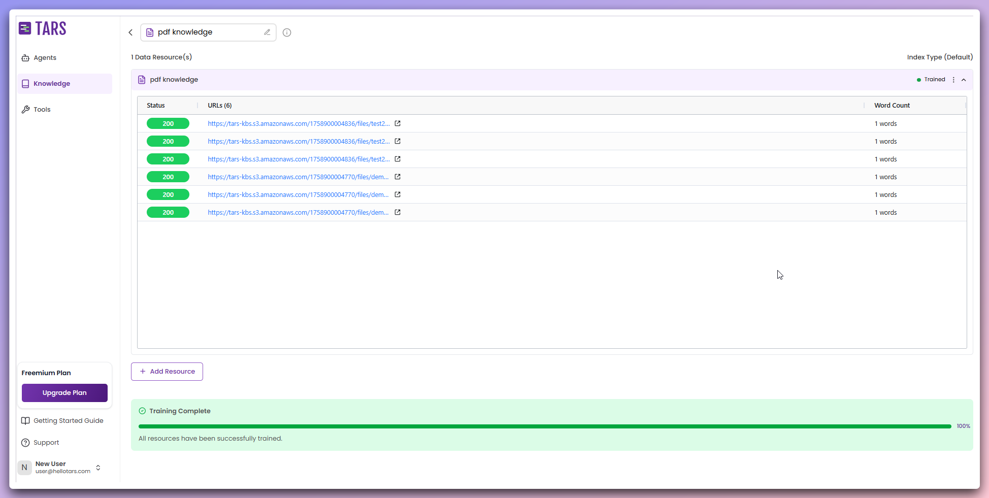 Training complete with file details and word counts