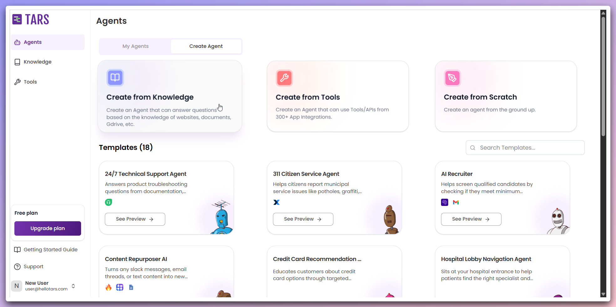 Create Agent page showing the Create from Knowledge card option