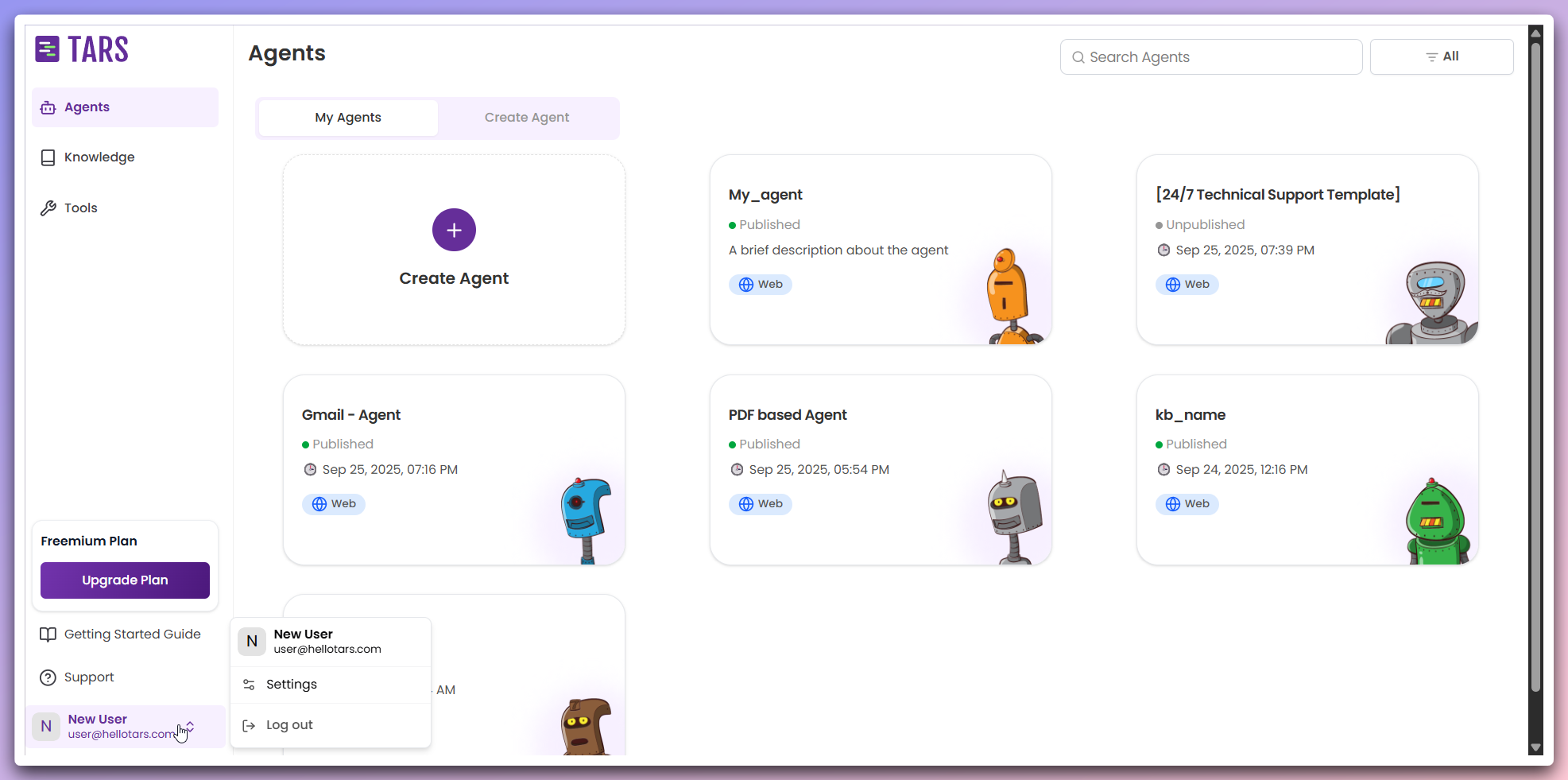 User profile section at bottom-left of sidebar showing username and email