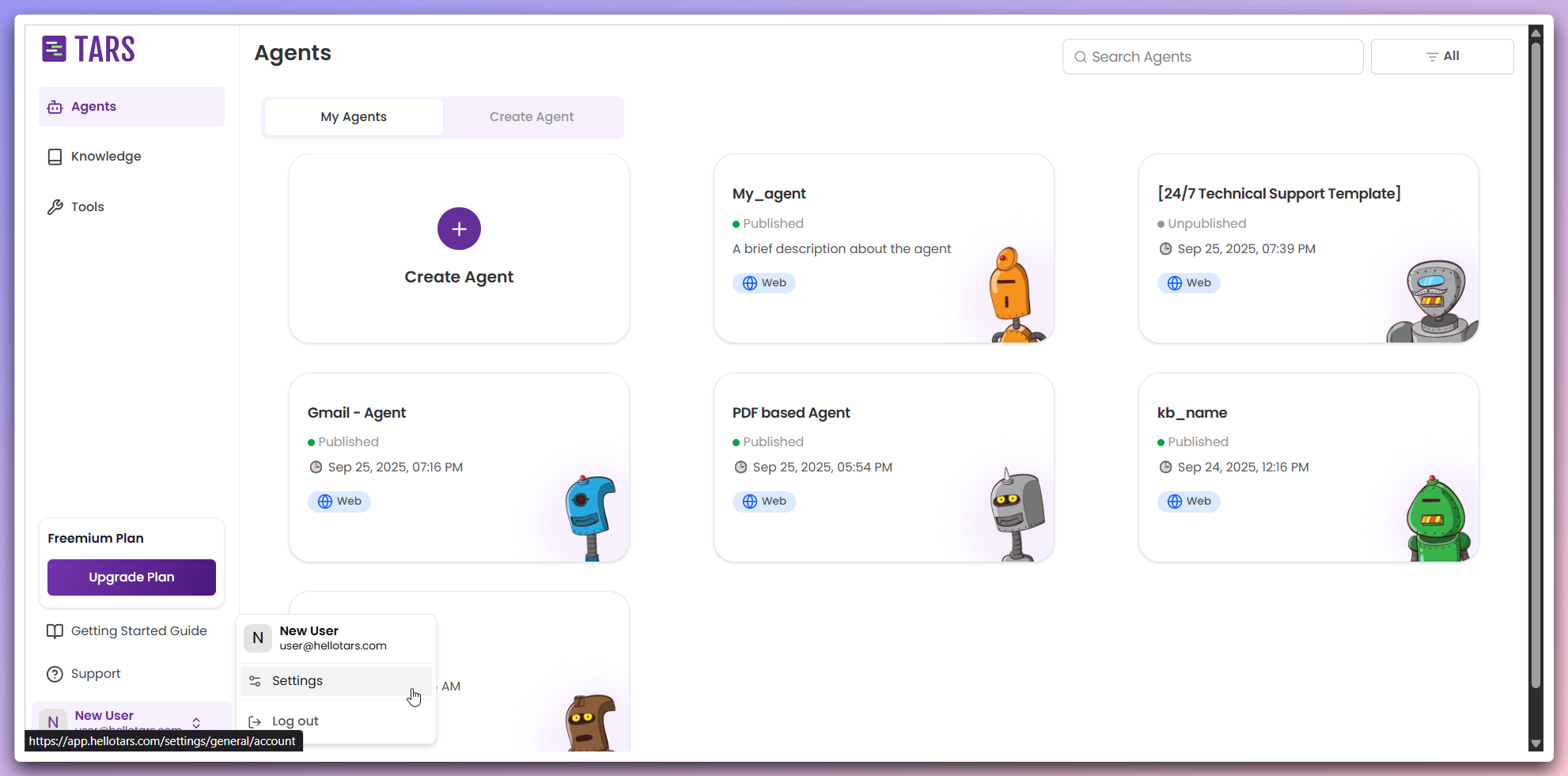 Quick panel opened with user info and settings option