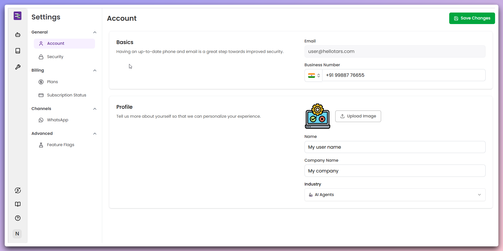 Main Settings page with all configuration sections
