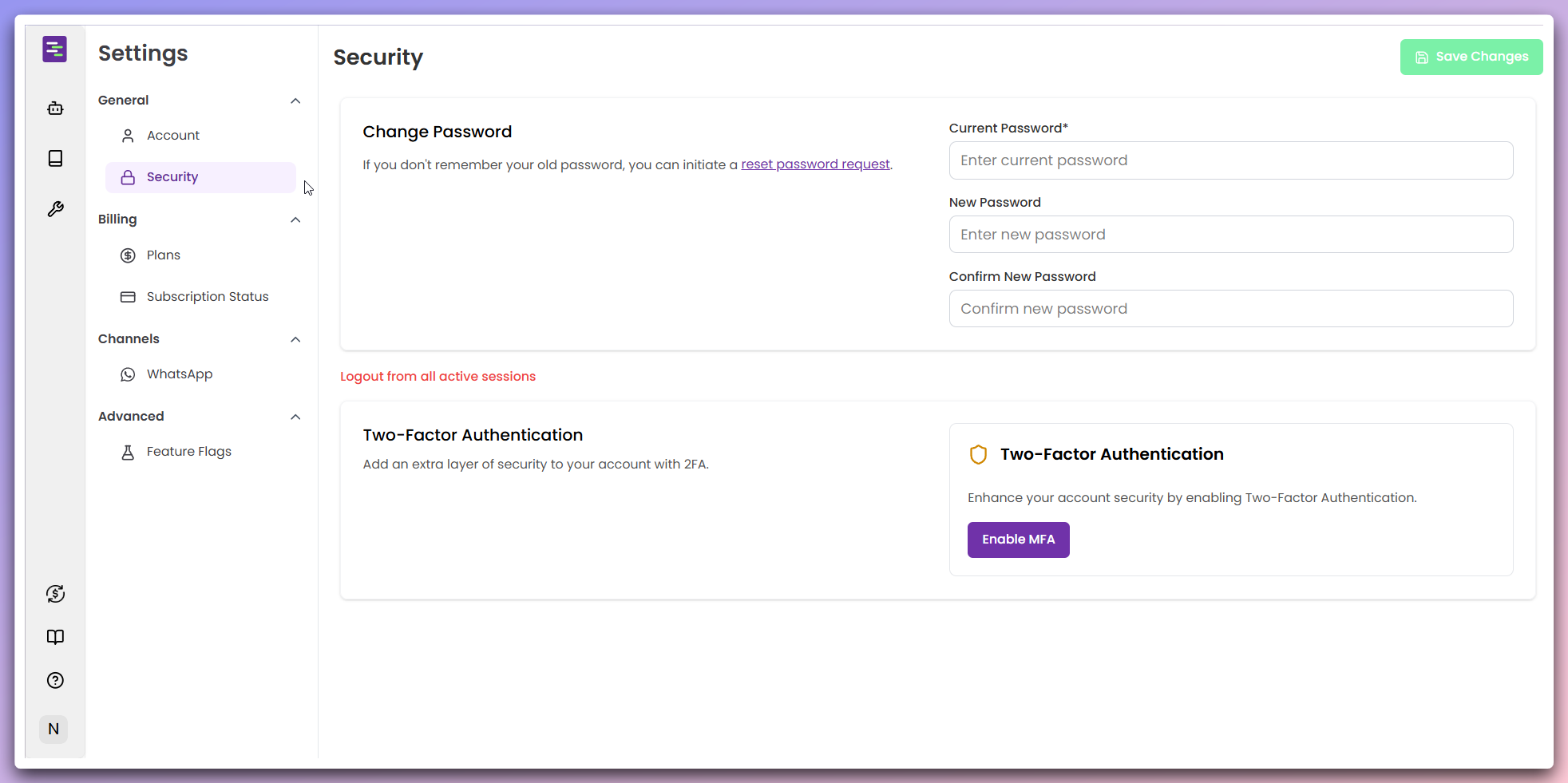 Security Settings page showing password management and 2FA options