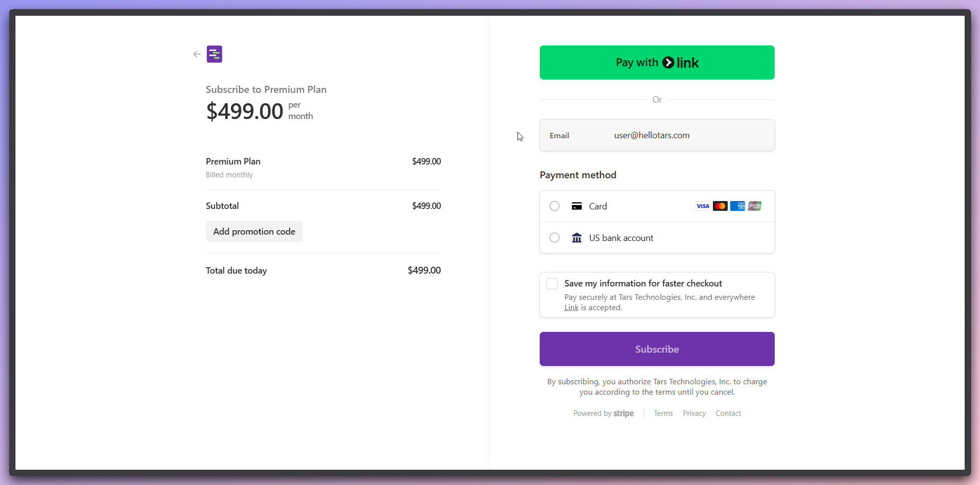 Stripe checkout page showing order summary and payment options