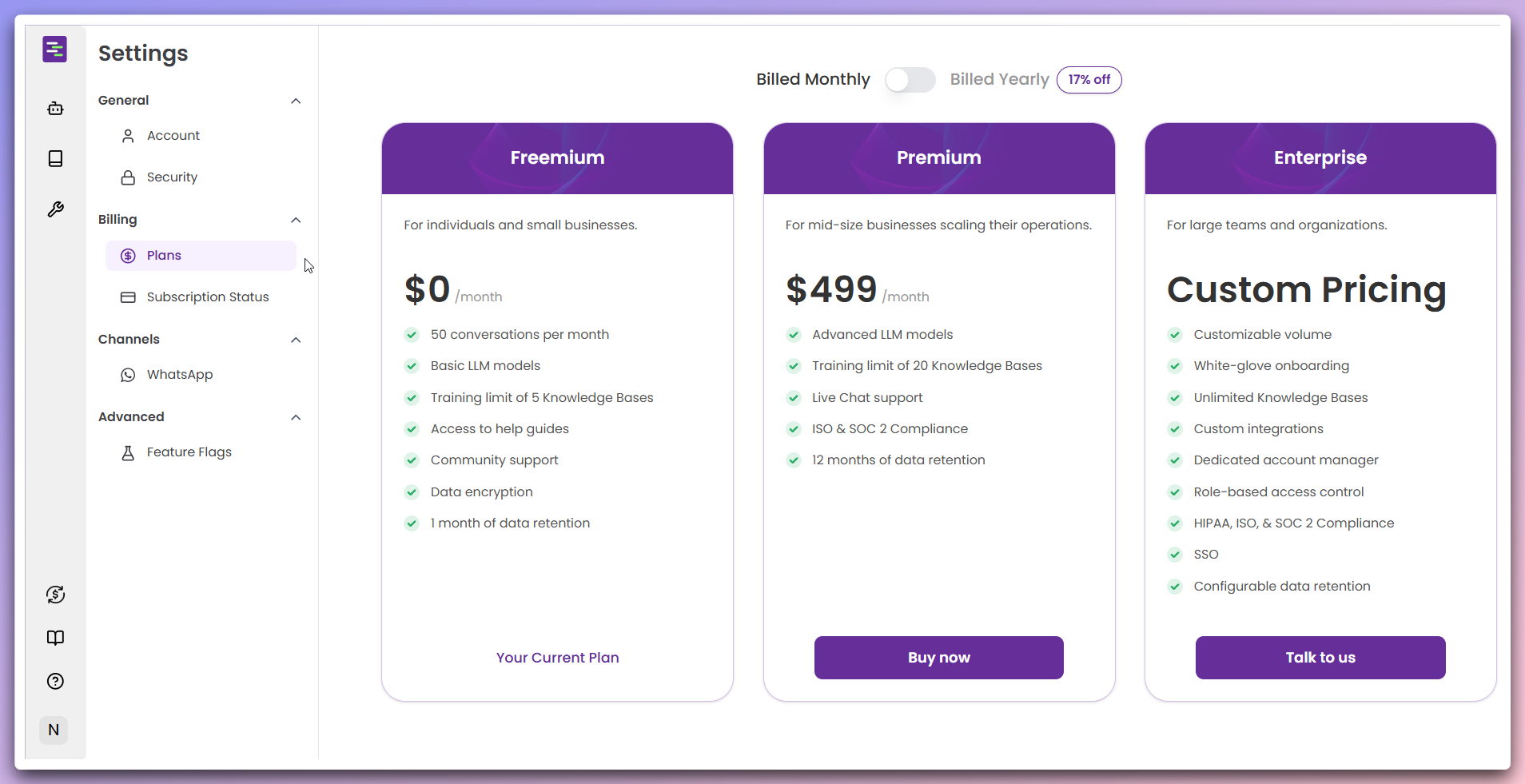 Subscription Plans page showing Freemium, Premium, and Enterprise plans with billing toggle