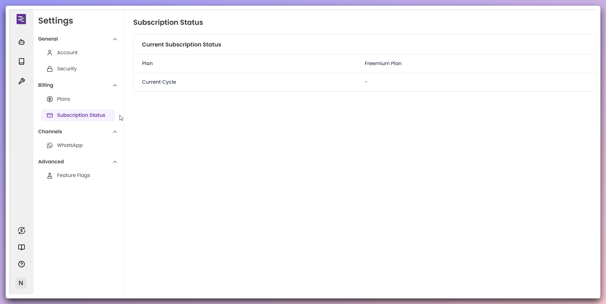 Subscription Status page showing current plan and billing cycle information